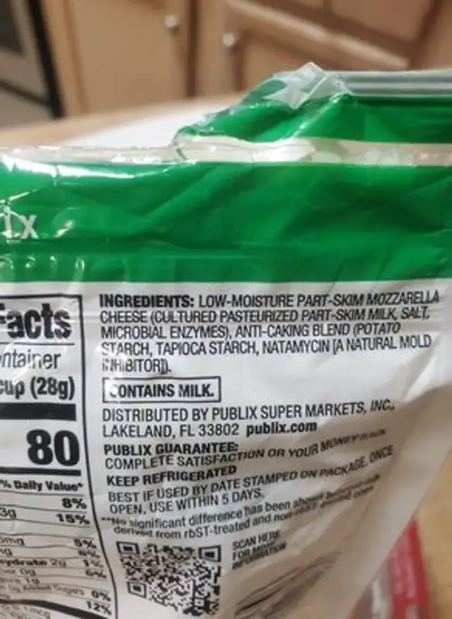 Mozerella Cheese ingredients label