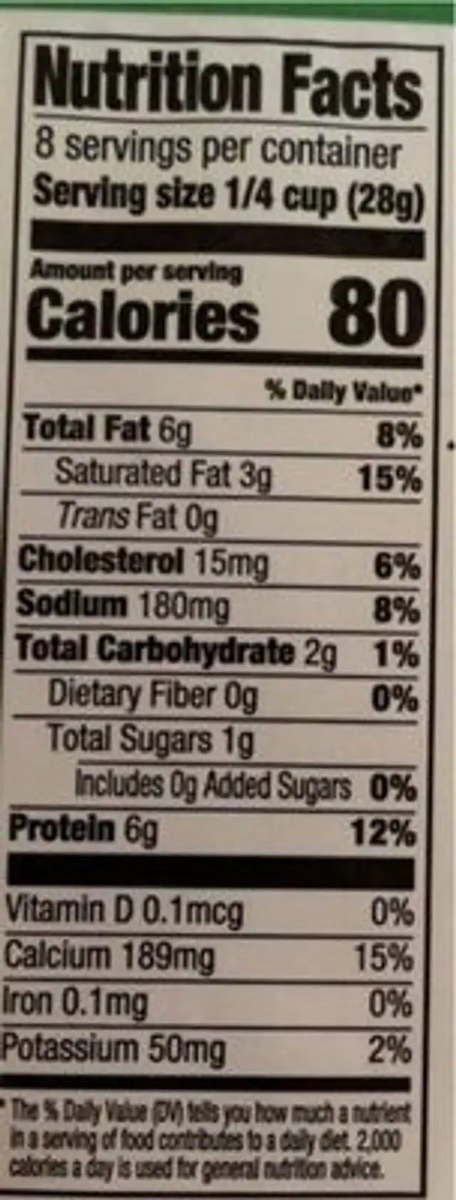 Mozerella Cheese nutrition facts table