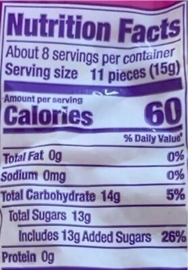 Tiny Conversation Hearts nutrition facts table