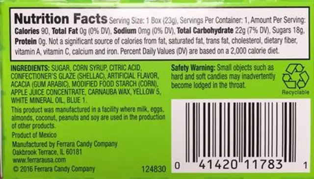 Applehead the Original Apple Candy nutrition facts table