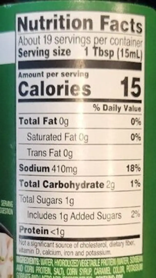 Less Sodium Soy Sauce nutrition facts table
