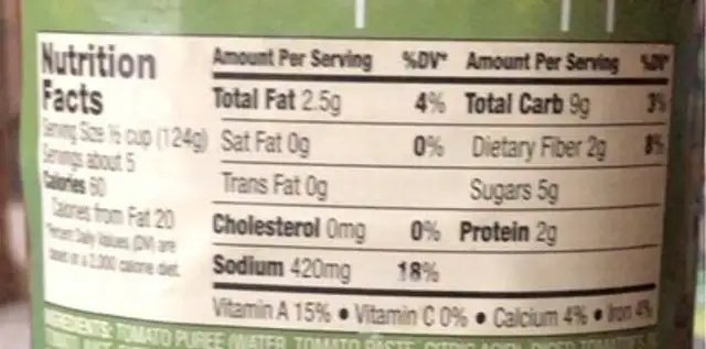 Tomato Basil Sauce nutrition facts table