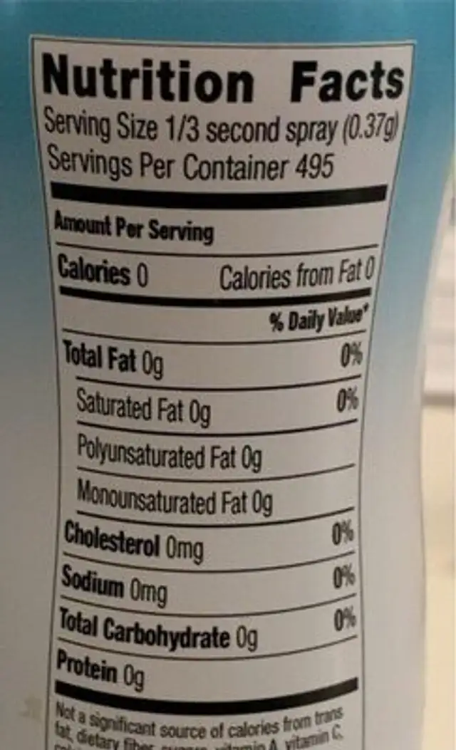 Organic Canola Oil Spray nutrition facts table