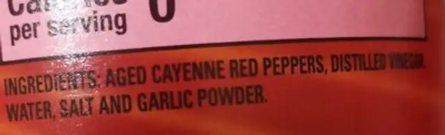 Cayenne Pepper Sauce ingredients label