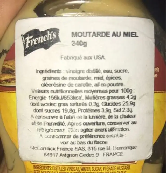 Honey mustard nutrition facts table