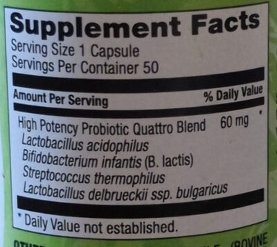 Nature's Promise Probiotic nutrition facts table