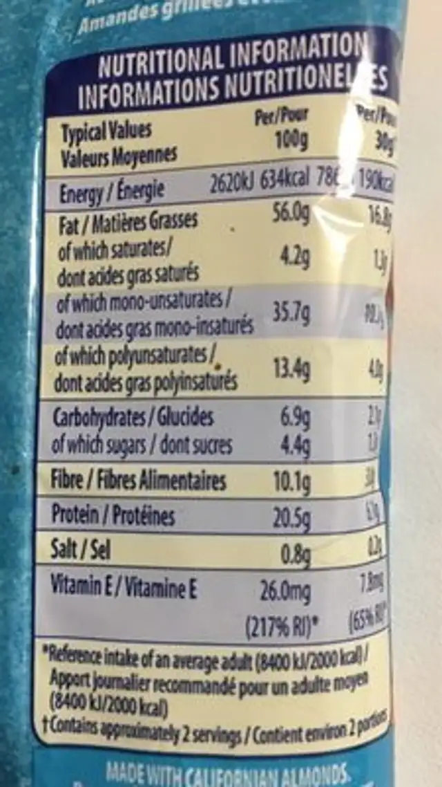 Blue Diamond Roasted Sea Salt Almonds nutrition facts table