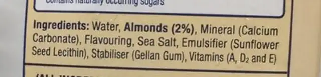 Vanilla Flavoured Almond Milk ingredients label