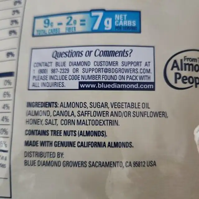 Honey Roasted Almonds ingredients label