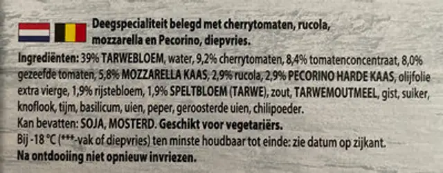 La mia Pinsa Rucola, Tomatoes, Mozzarella and Pecorino ingredients label
