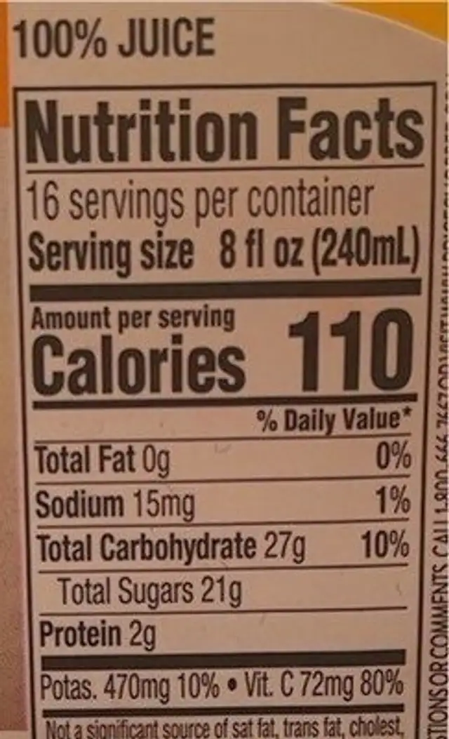 Orange Juice nutrition facts table