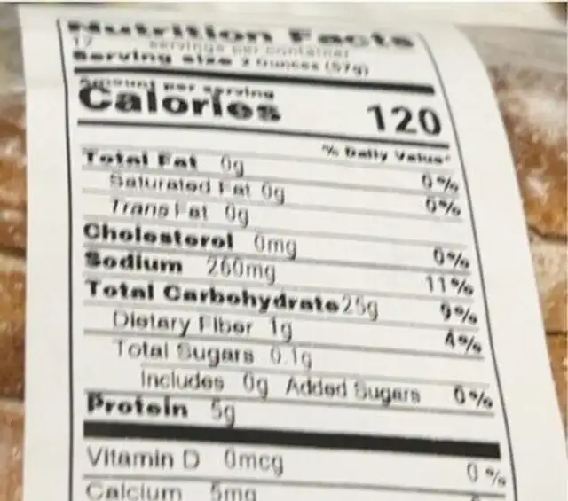Sliced peasant bread nutrition facts table