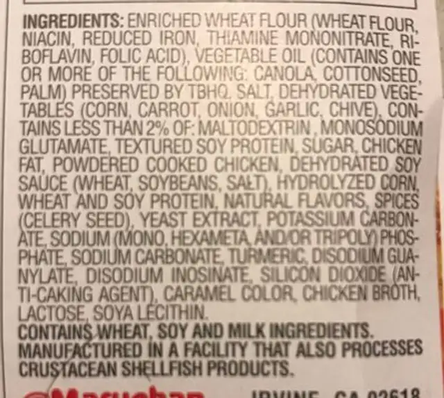 Roast Chicken Flavor Ramen Noodle Soup ingredients label