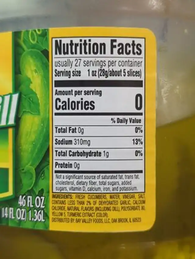 Garden Dill Chips pickles nutrition facts table