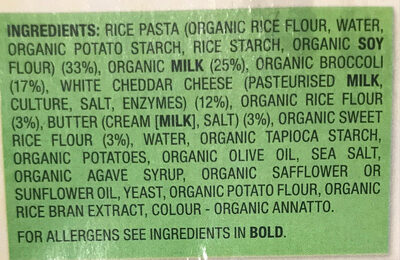 Broccoli and cheddar bake ingredients label