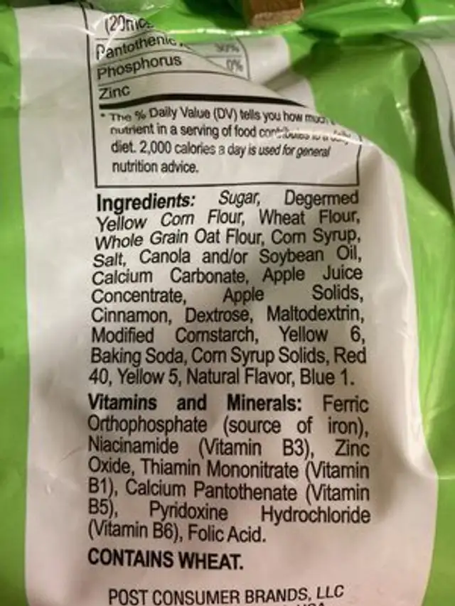 Apple Zings Cereal ingredients label