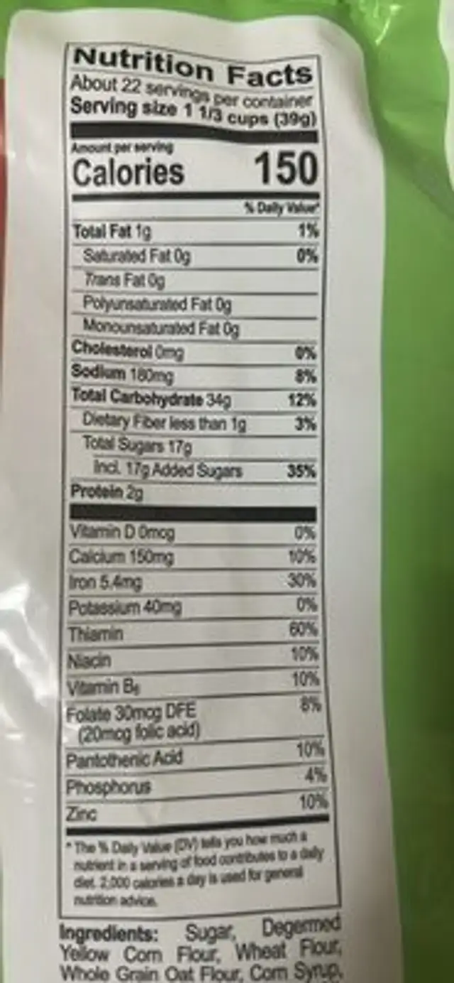 Apple Zings Cereal nutrition facts table