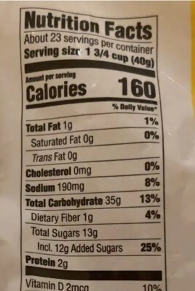 Sweetened Corn & Oat Cereal nutrition facts table
