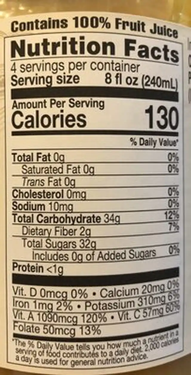 Organic mango juice nutrition facts table