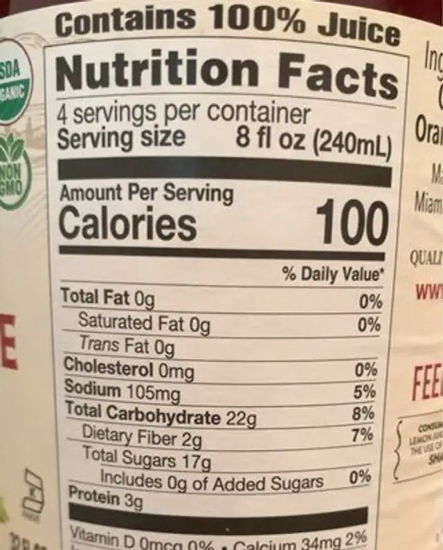 Organic Beet Carrot Orange Juice nutrition facts table