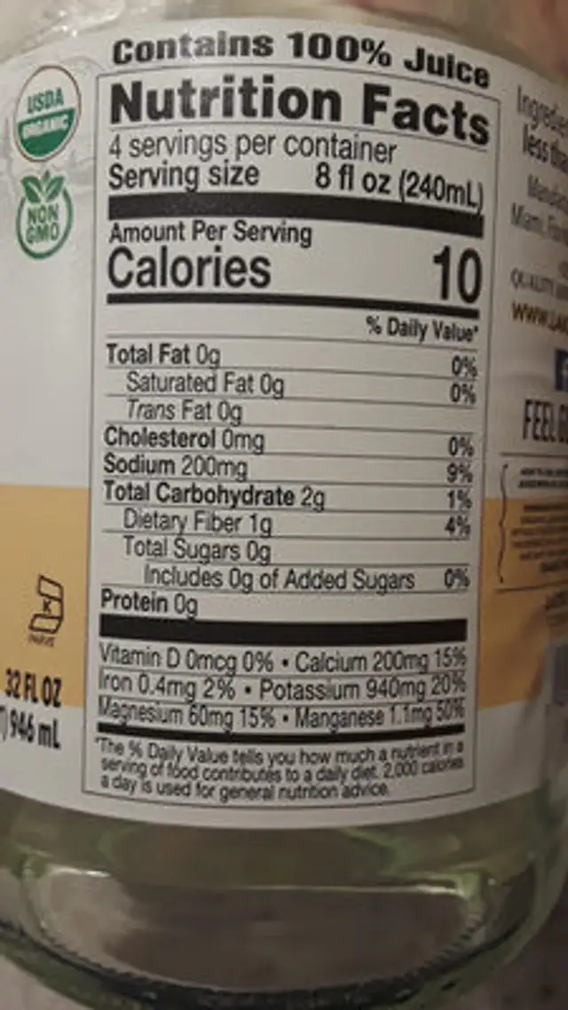 Pure Aloe nutrition facts table
