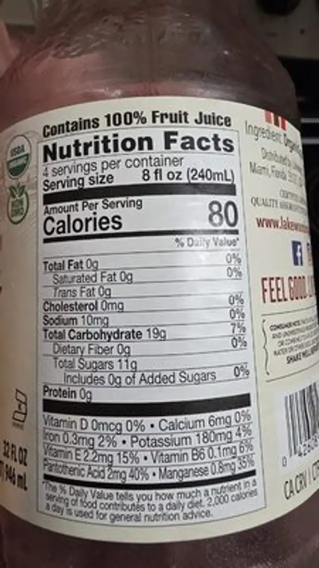 Pure Cranberry nutrition facts table