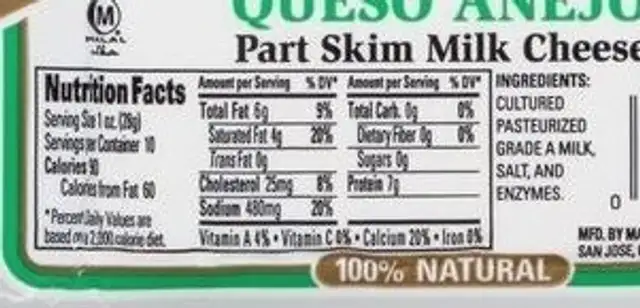 Cotija Queso Grating Cheese nutrition facts table