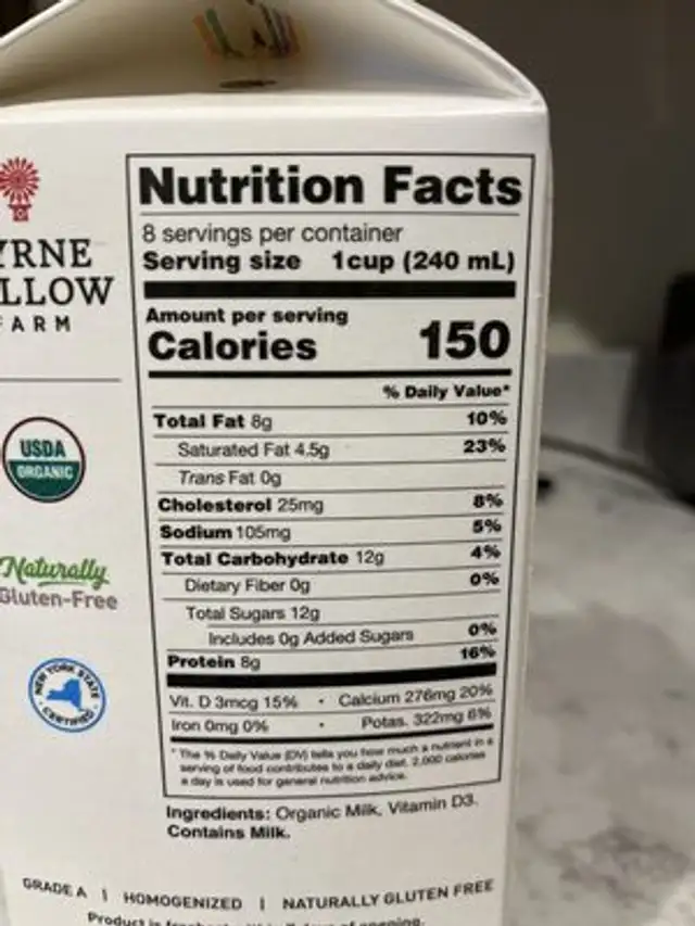 Organic Vitamin D Whole Milk nutrition facts table
