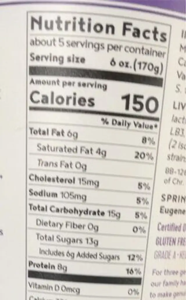 Organic Whole Milk Yogurt Vanilla nutrition facts table