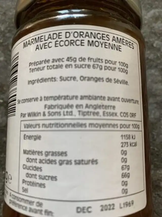 Pure Orange Marmalade nutrition facts table
