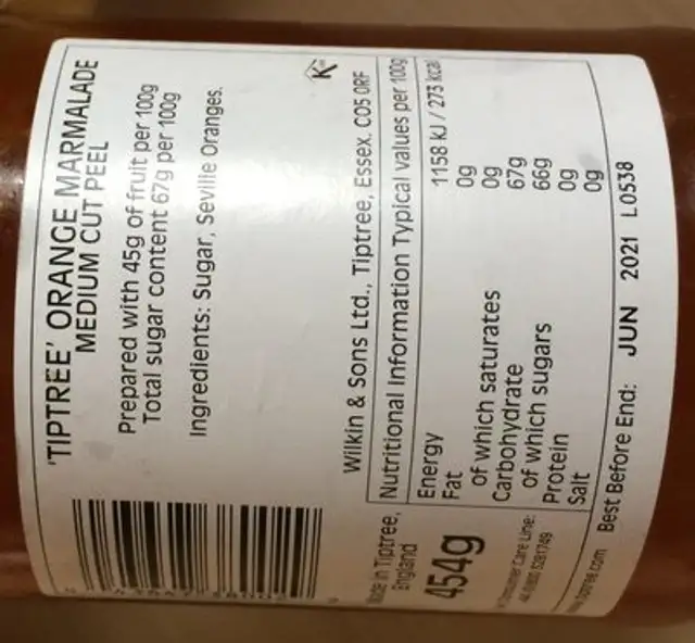 Wilkin and Sons Tiptree Orange Marmalade 454g ingredients label