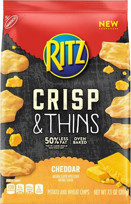 Crisp & thins cheddar potato and wheat chips front packaging