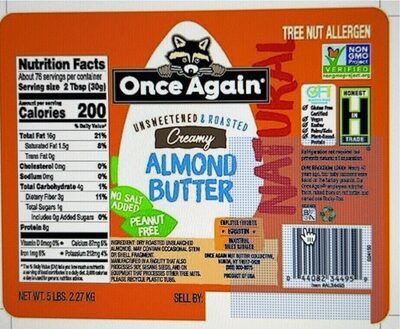 Almond Butter - Roasted - Creamy - Unsweetened & Salt Free