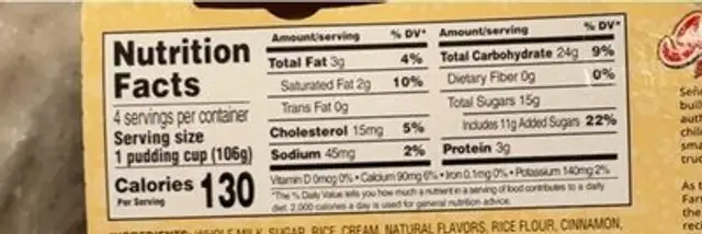 Rice Pudding nutrition facts table