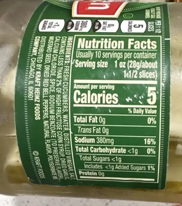 Kosher Dill Sandwich Slices nutrition facts table