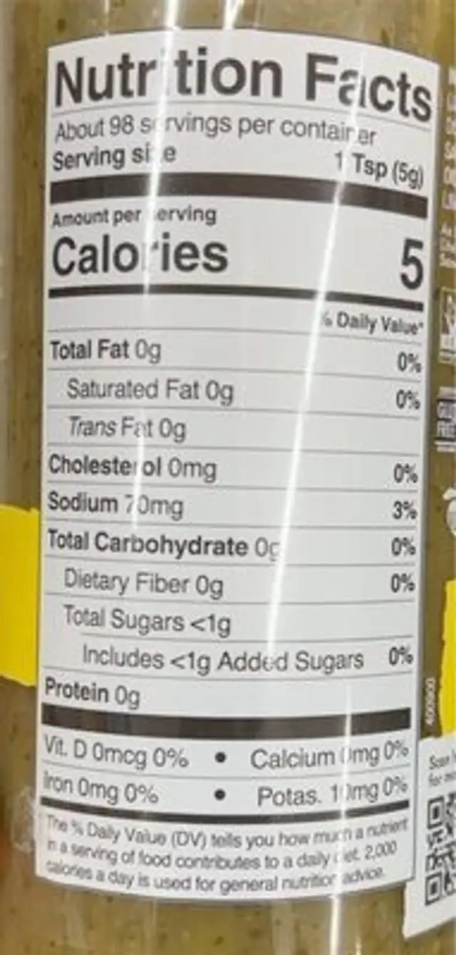 Green Sriracha Sauce (57931) nutrition facts table