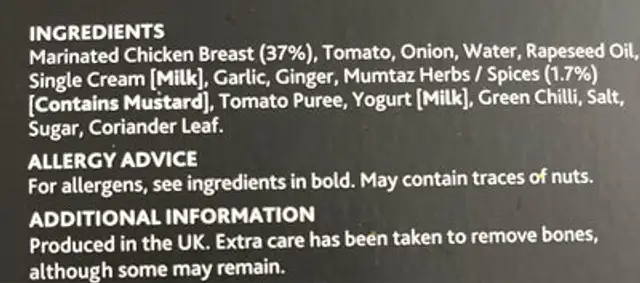Chicken Karahi ingredients label