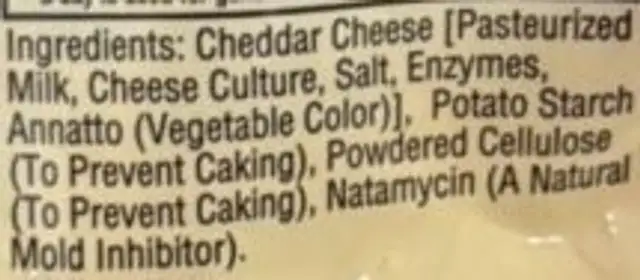 4 State Cheddar ingredients label