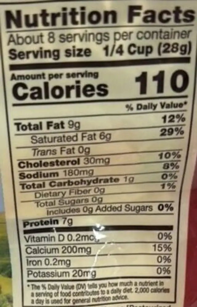 4 State Cheddar nutrition facts table