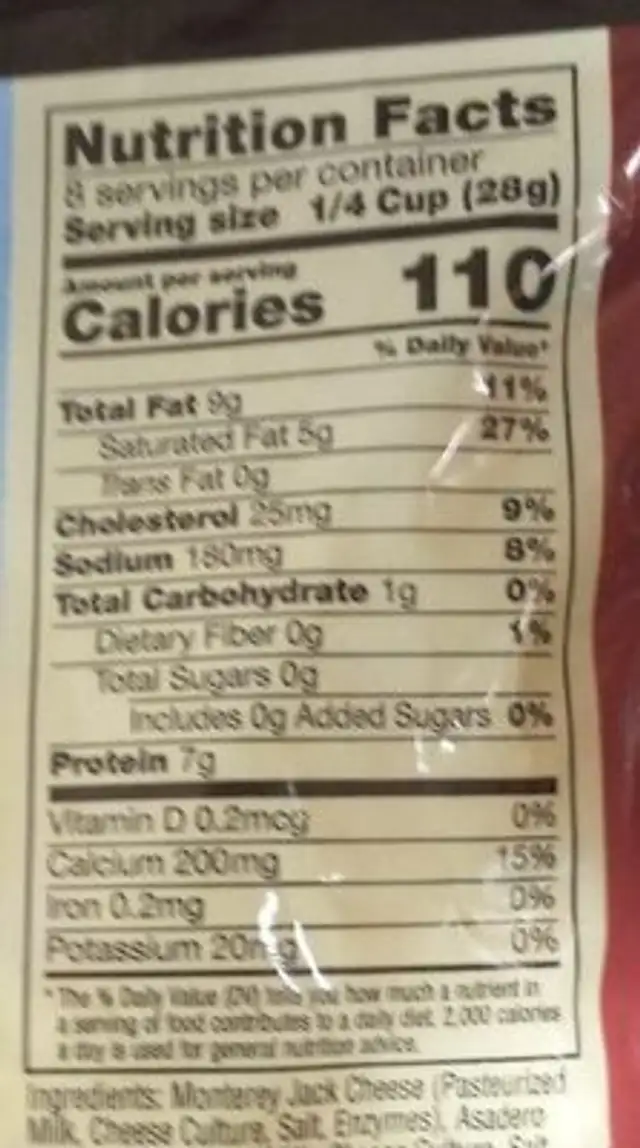 4 Cheese Mexican Shredded Monterey Jack, Asadero, Cheddar & Queso Quesadilla Cheeses nutrition facts table