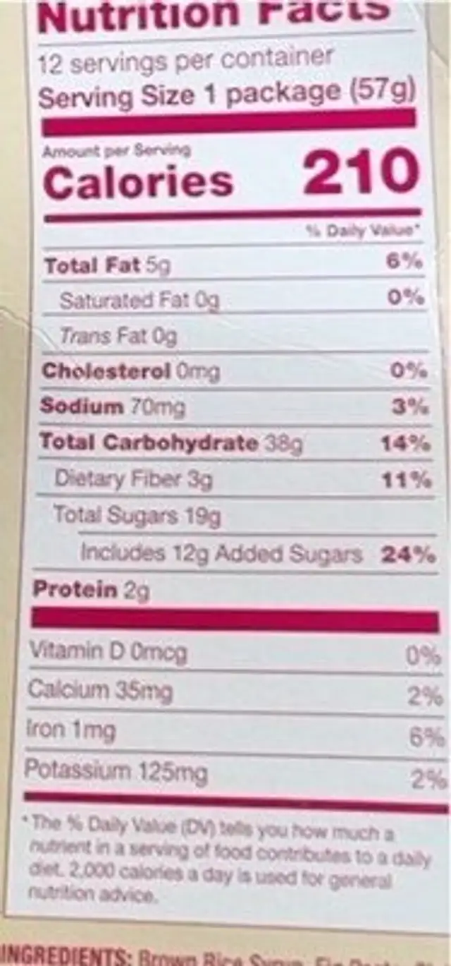 Gluten Free Raspberry Fig Bar nutrition facts table
