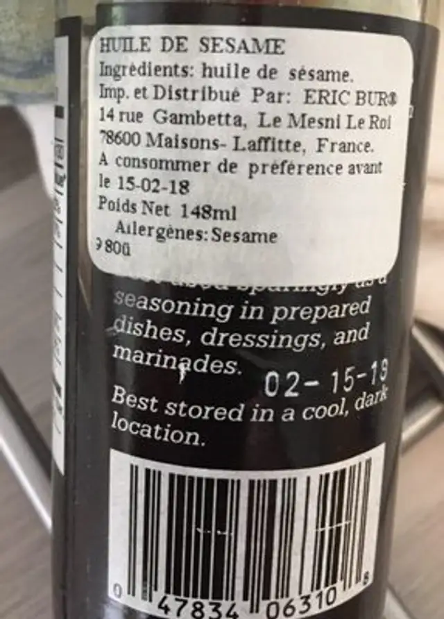 Japanese Sesame Oil ingredients label