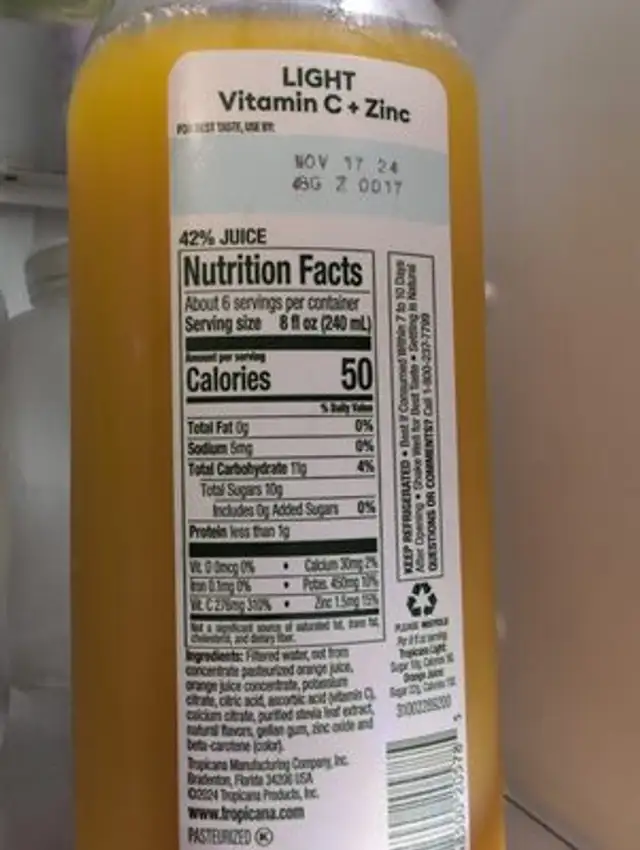 Light No Pulp Vitamin C + Zinc nutrition facts table