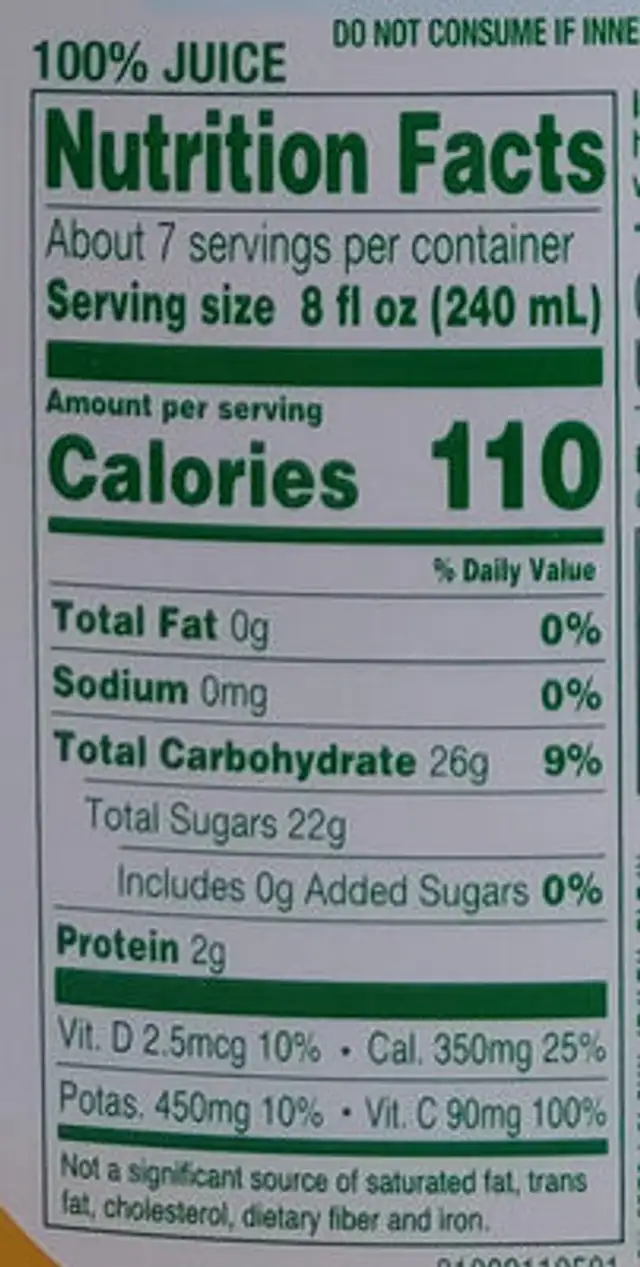 Pure Premium Orange Juice Calcium And Vitamin D No Pulp nutrition facts table