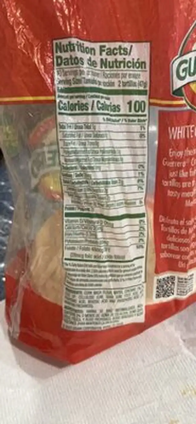 Tortillas de Maíz Blanco nutrition facts table