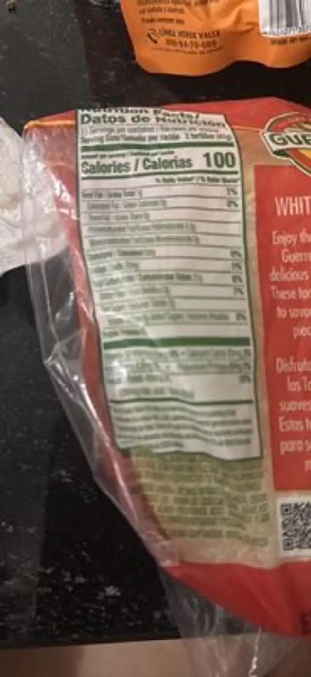 Tortillas de Maíz Blanco nutrition facts table
