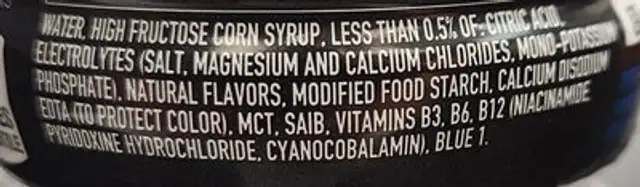 Powerade Mtn. Berry Blast ingredients label