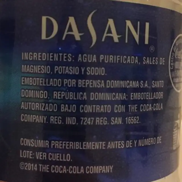 Agua dasani ingredients label
