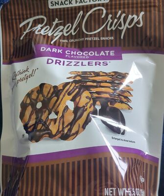 Snack factory pretzel crisps dark chocolate flavored drizzlers front packaging