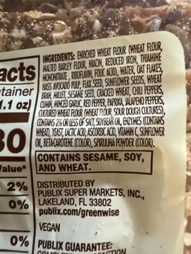 Avocado seed & grain bread ingredients label